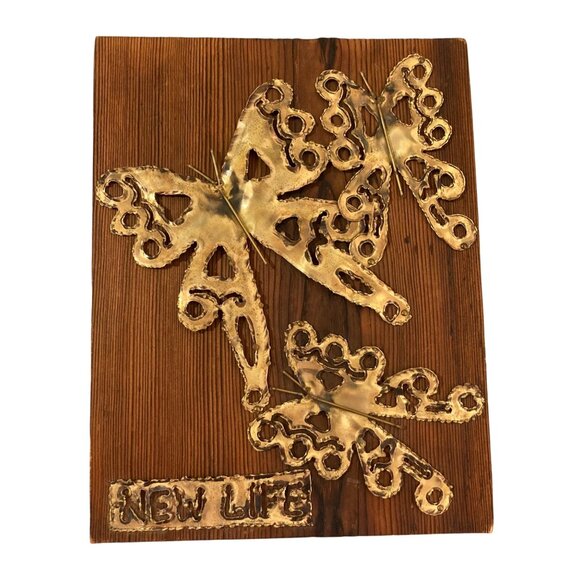 Brutalist Brass Butterfly Sculpture On Wood Wall Hanging Decor - Picture 1 of 4
